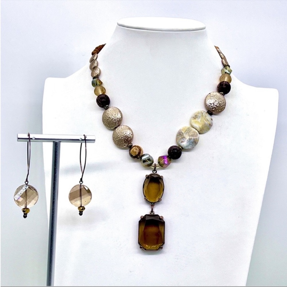 Chico’s Smoky Rhinestone+Metallic Beaded Y Necklace & Coordinating Earrings